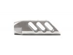 Stainless steel muzzle brake with three large angled ports on a white background.