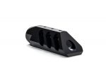 Black metal muzzle brake with three side ports on a white background.