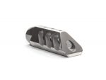 Stainless steel muzzle brake with side vents isolated on a white background.