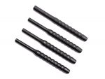 Five black grooved metal rods arranged diagonally on a white background.