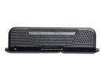 Black dust cover with textured and grooved design shown on a white background.