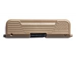 Flat dark earth rifle dust cover with textured and grooved design isolated on white background.