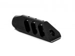 Black metal muzzle brake for a 5.56 rifle isolated on a white background.