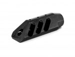Black metal muzzle brake for a firearm shown on a white background.