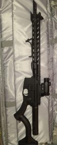 Black rifle with optic attached displayed in a padded case