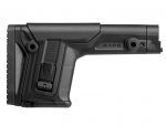 Black adjustable rifle buttstock with 'RAPS' label viewed from the side.