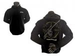 Black hoodie with Grendel Hunter logo on front and rifle design on back displayed on a mannequin.