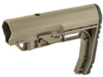 Flat dark earth rifle stock component with MFT logo angled view