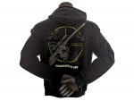 Black hoodie with rifle and green hunter graphic on the back shown on a mannequin.