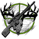 Logo with rifle deer skull antlers and green crosshairs in the background.