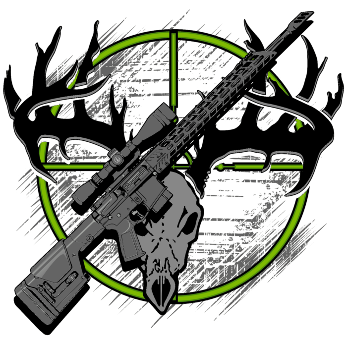 Logo with rifle deer skull antlers and green crosshairs in the background.