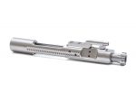 Polished metal bolt carrier group for a firearm on a white background.