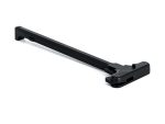 Black charging handle for a firearm on a white background.