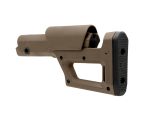Tan adjustable rifle stock with black rubber buttpad isolated on white background.
