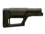Olive drab adjustable rifle stock with cheek rest on white background.