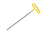 Yellow-handled T-handle hex key tool with long black shaft on a white background.