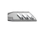 Bead blasted metal muzzle brake with angled ports on a white background