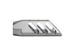Bead blasted metal muzzle brake with angled ports on a white background