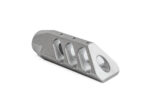 Bead blasted metal muzzle brake with angled ports on a white background.