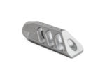 Bead blasted metal muzzle brake with angled ports on a white background.