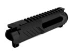 Black AR-15 upper receiver with picatinny rail angled side view on white background.