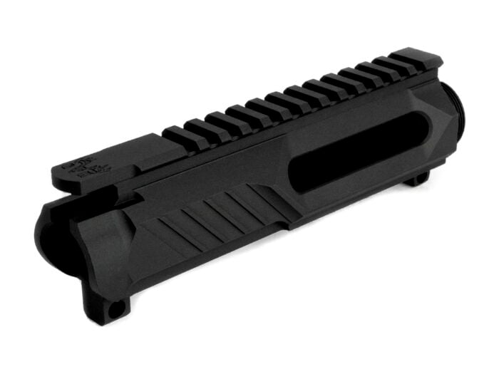Black AR-15 upper receiver with picatinny rail angled side view on white background.