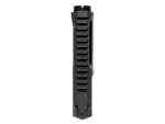 Black modular firearm handguard with Picatinny rail slots isolated on white background.