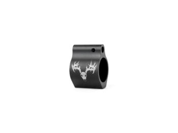 Black metal firearm part with engraved deer skull and antlers logo isolated on white background.