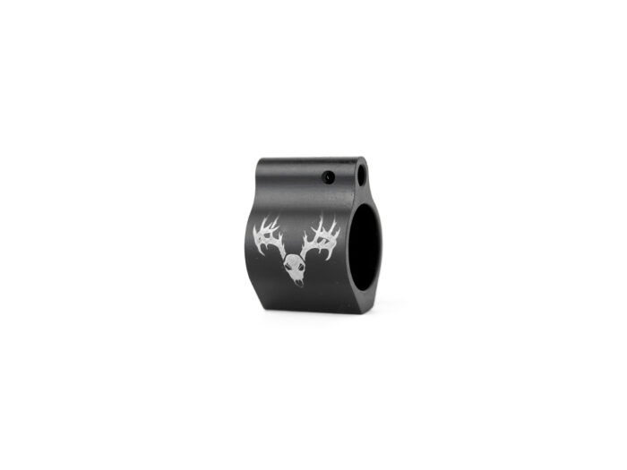 Black metal firearm part with engraved deer skull and antlers logo isolated on white background.