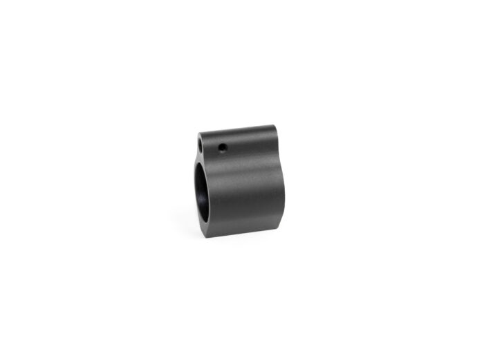 Black metal gas block component on a white background.