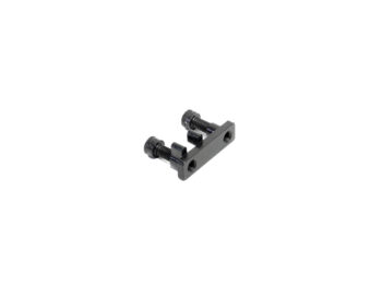 Black metal mounting bracket with two screws on a white background