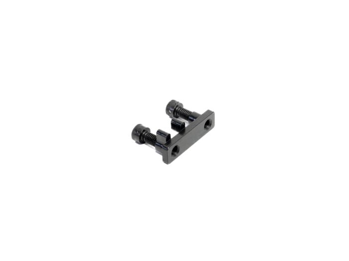 Black metal mounting bracket with two screws on a white background