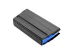 Black metal rifle magazine with blue follower on a white background.