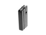 Black metal firearm magazine standing upright on a white background.