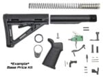 Disassembled AR-15 lower parts kit with stock grip buffer tube trigger and springs laid out.