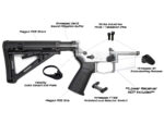 AR-15 lower parts kit with labeled components including stock buffer grip and selector switch.