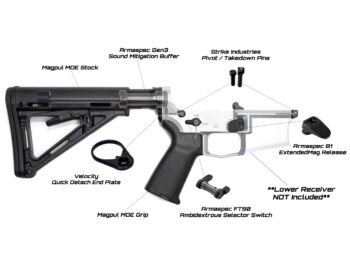 AR-15 lower parts kit with labeled components including stock buffer grip and selector switch.
