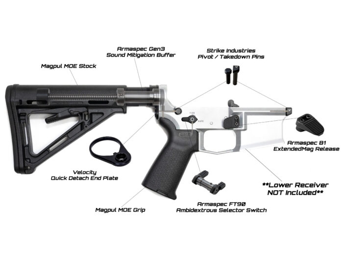 AR-15 lower parts kit with labeled components including stock buffer grip and selector switch.