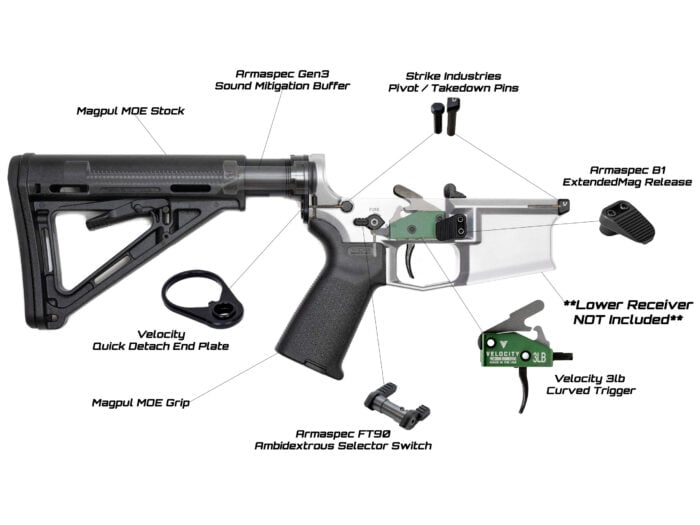 Example of a custom AR-15 lower build kit with magpul stock and grip velocity trigger and armaspec and strike industries accessories