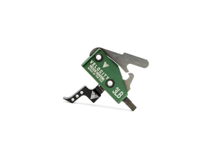 Velocity 3LB rifle trigger with green housing and black curved trigger on white background.