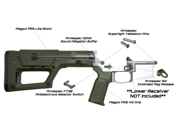 Example of a custom AR-15 lower build kit with magpul stock and grip and armaspec and strike industries accessories