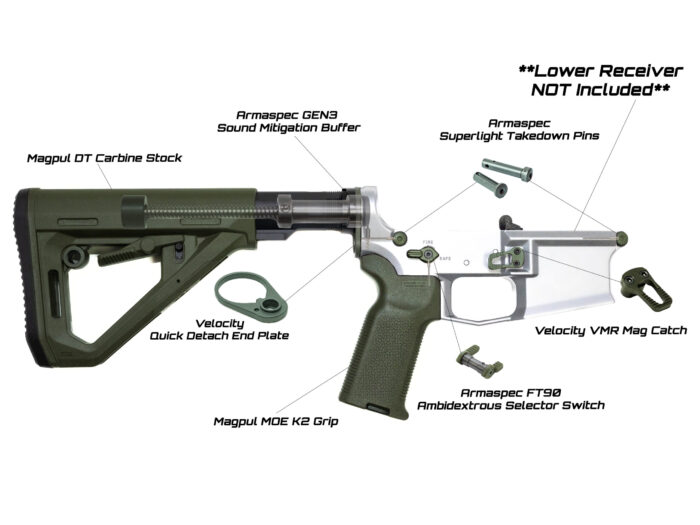 Example of a custom AR-15 lower build kit with magpul stock and grip and armaspec and strike industries accessories