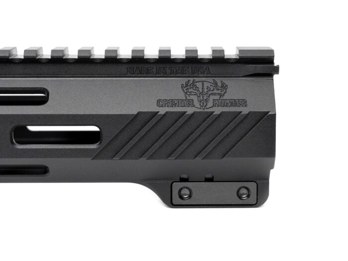 Close-up of a Grendel Hunter handguard with engraved logo and rail section.