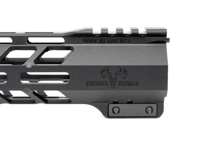 Close-up of a Grendel Hunter branded rifle handguard with logo and 'Made in the USA' engraving.