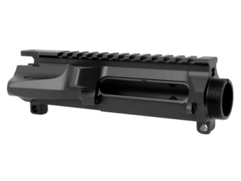 Black rifle upper receiver component with picatinny rail on white background