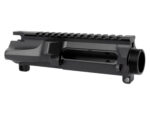 Black rifle upper receiver component with picatinny rail on white background