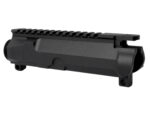 Black rifle upper receiver with Picatinny rail isolated on white background.