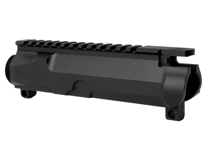 Black rifle upper receiver with Picatinny rail isolated on white background.