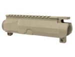 Tan firearm upper receiver with rail section isolated on a white background.