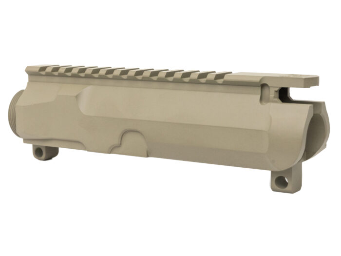 Tan firearm upper receiver with rail section isolated on a white background.